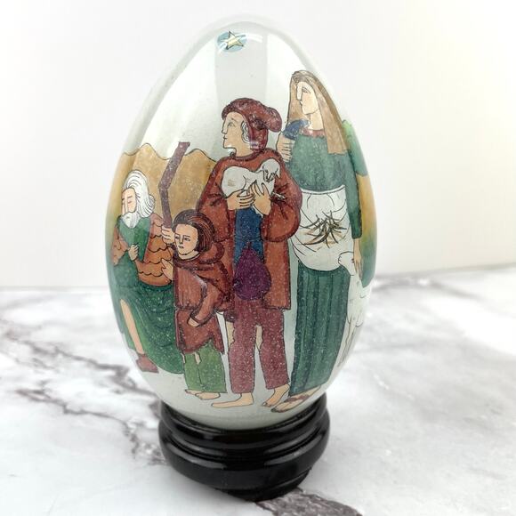 Hand Blown Glass Egg with Stand 1991 SMC in Box Religious Design Li Bien Painted - Picture 2 of 15